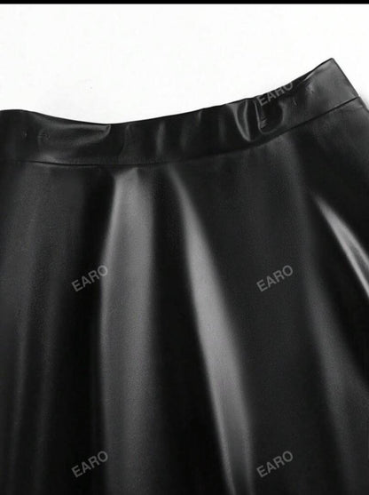 Solid PU Leather Flare Skirt