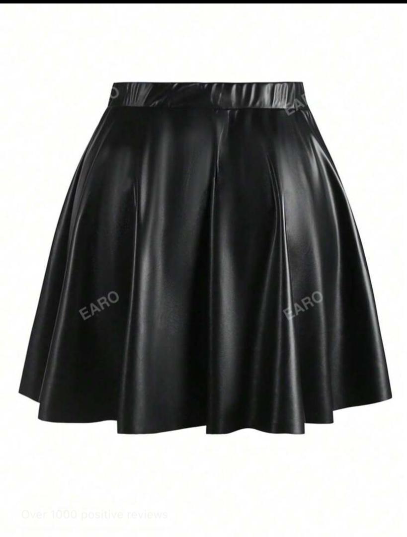 Solid PU Leather Flare Skirt