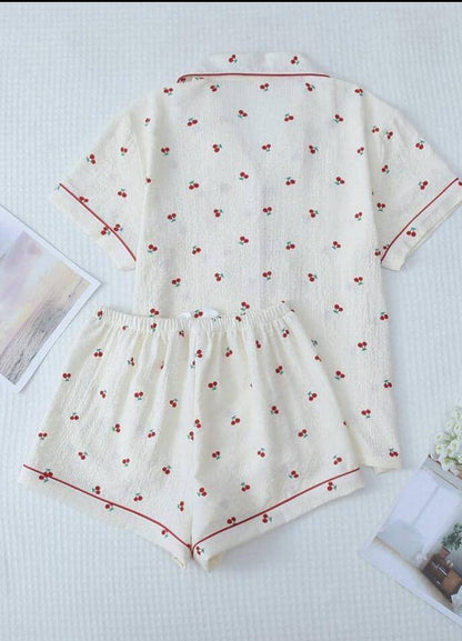 Cherry Printed Sweet Sleepwear Set With Lapel Button Up Top And Bowknot Shorts For Women