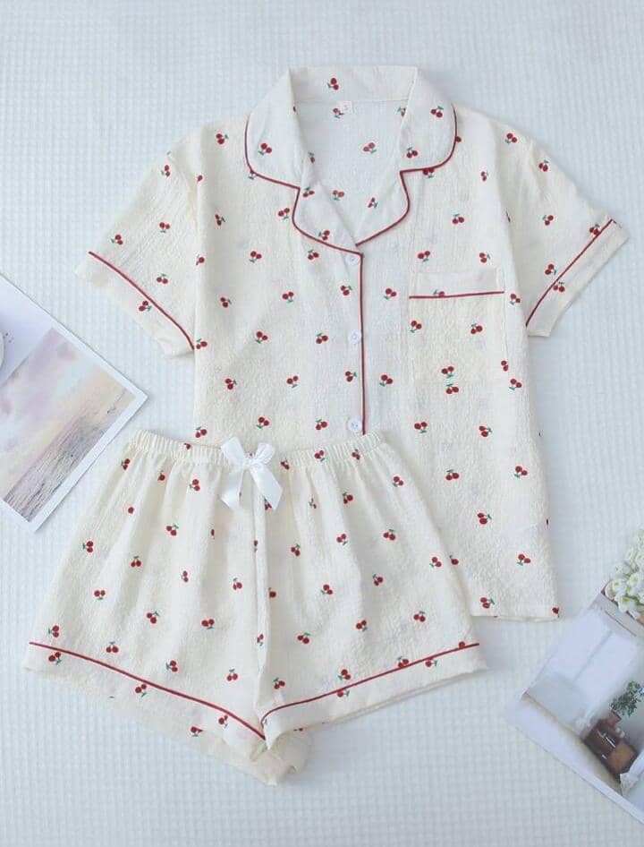 Cherry Printed Sweet Sleepwear Set With Lapel Button Up Top And Bowknot Shorts For Women