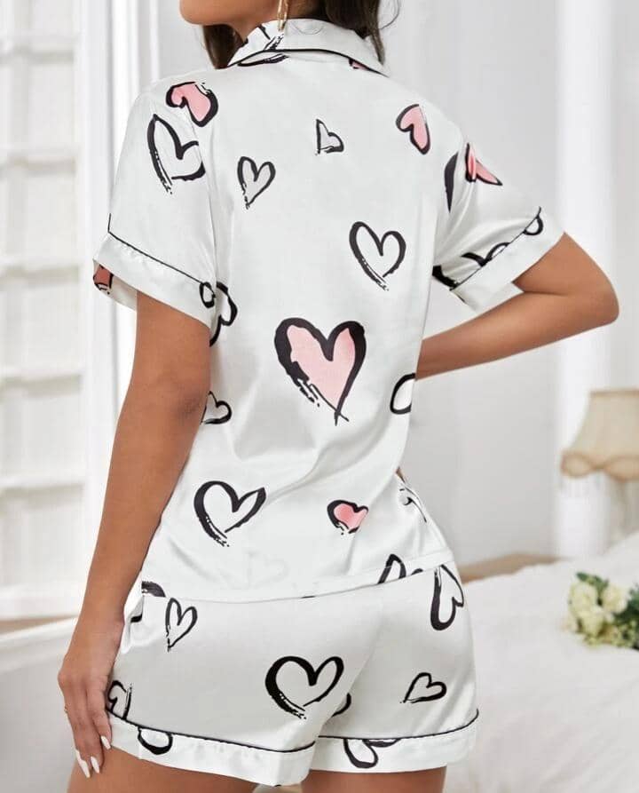 Heart Print Contrast Piping Satin PJ Set / Pajama Set White Set