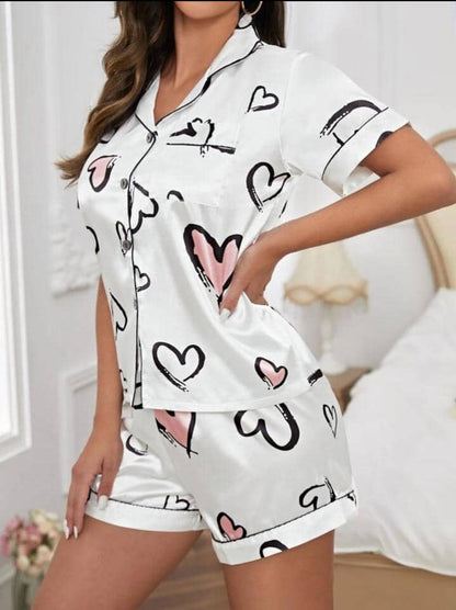 Heart Print Contrast Piping Satin PJ Set / Pajama Set White Set