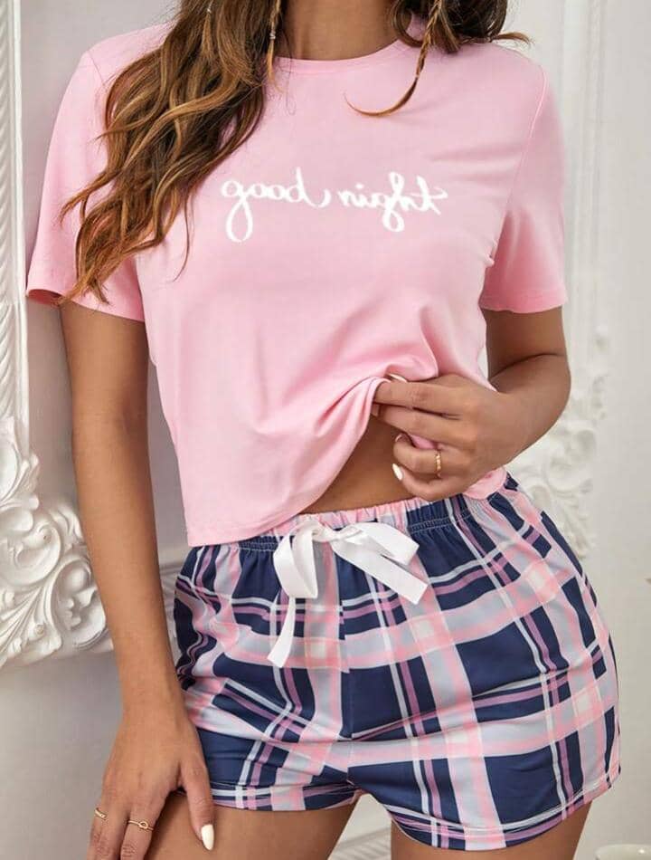 Letter Graphic Tee & Plaid Print Shorts PJ Set / Pajama Set