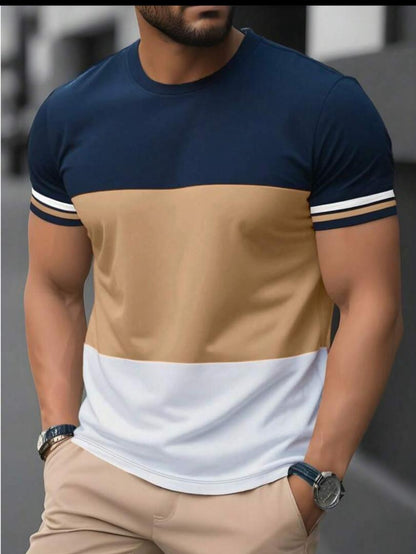 Manfinity Dauomo Men's Round Neck Striped Short Sleeve Contrast Color Casual Slim Fit T-Shirt