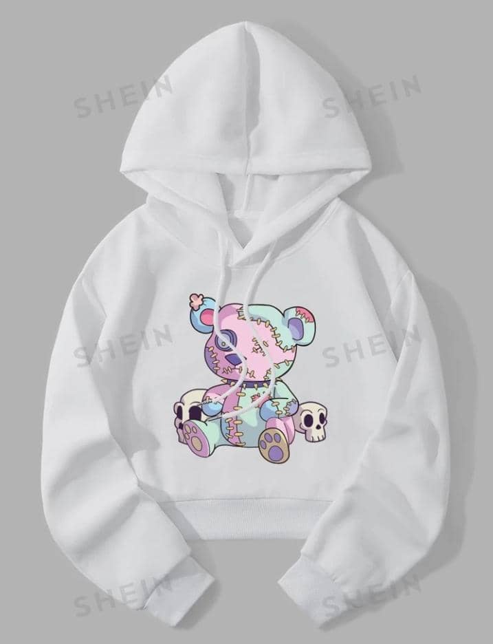 Qutie Cartoon Graphic Thermal Lined Drawstring Hoodie