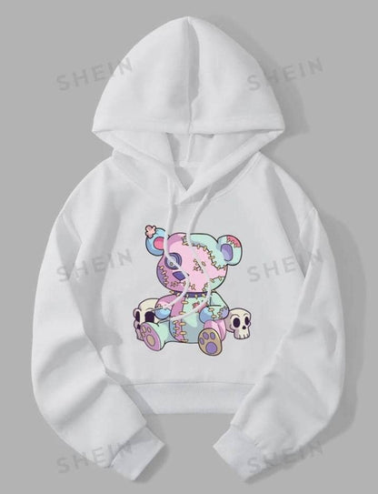 Qutie Cartoon Graphic Thermal Lined Drawstring Hoodie