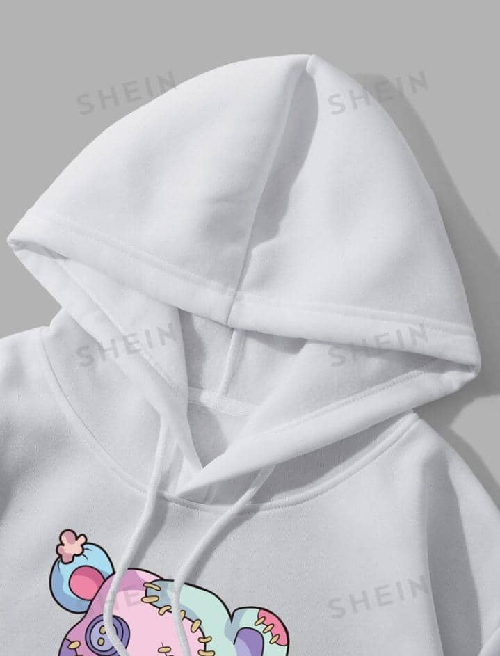 Qutie Cartoon Graphic Thermal Lined Drawstring Hoodie