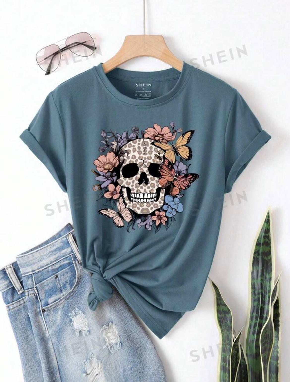 LUNE Women's Butterfly & Skull Print Round Neck Short Sleeve T-Shirt