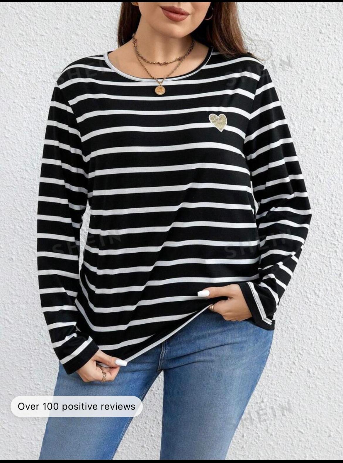 Frenchy Plus Size Women's Love Embroidered Striped T-Shirt