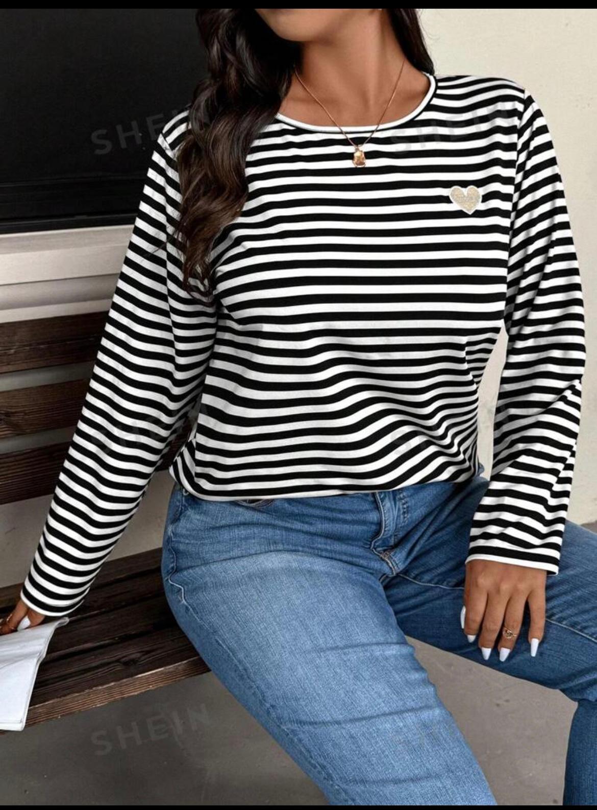 Frenchy Plus Size Women's Love Embroidered Striped T-Shirt