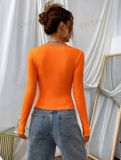 EZwear Dopamine Orange Scoop Neck Ribbed Knit Tee