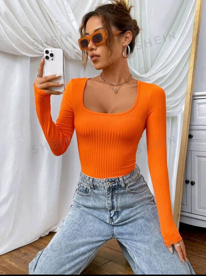 EZwear Dopamine Orange Scoop Neck Ribbed Knit Tee