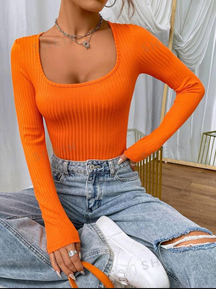 EZwear Dopamine Orange Scoop Neck Ribbed Knit Tee