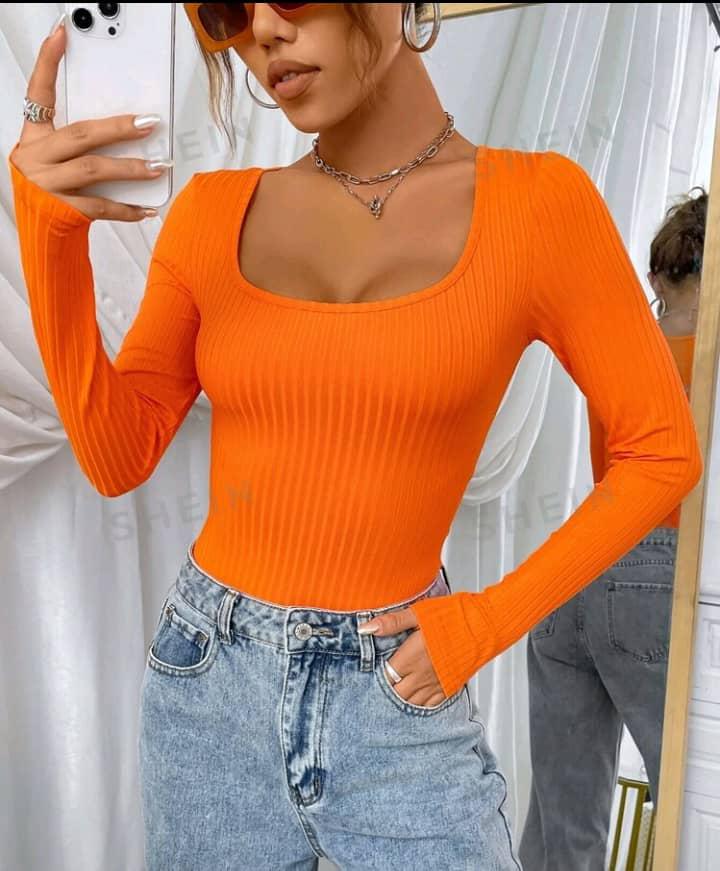 EZwear Dopamine Orange Scoop Neck Ribbed Knit Tee