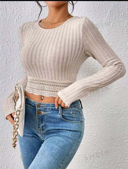 Frenchy Contrast Lace Scallop Trim Crop Tee