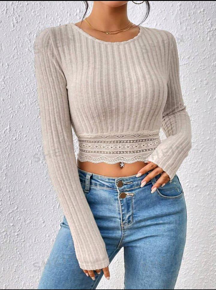 Frenchy Contrast Lace Scallop Trim Crop Tee