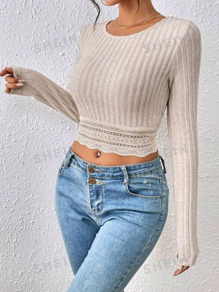 Frenchy Contrast Lace Scallop Trim Crop Tee