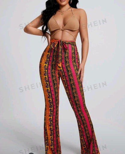 SXY Floral & Paisley Print Knot Front Wide Leg Pants