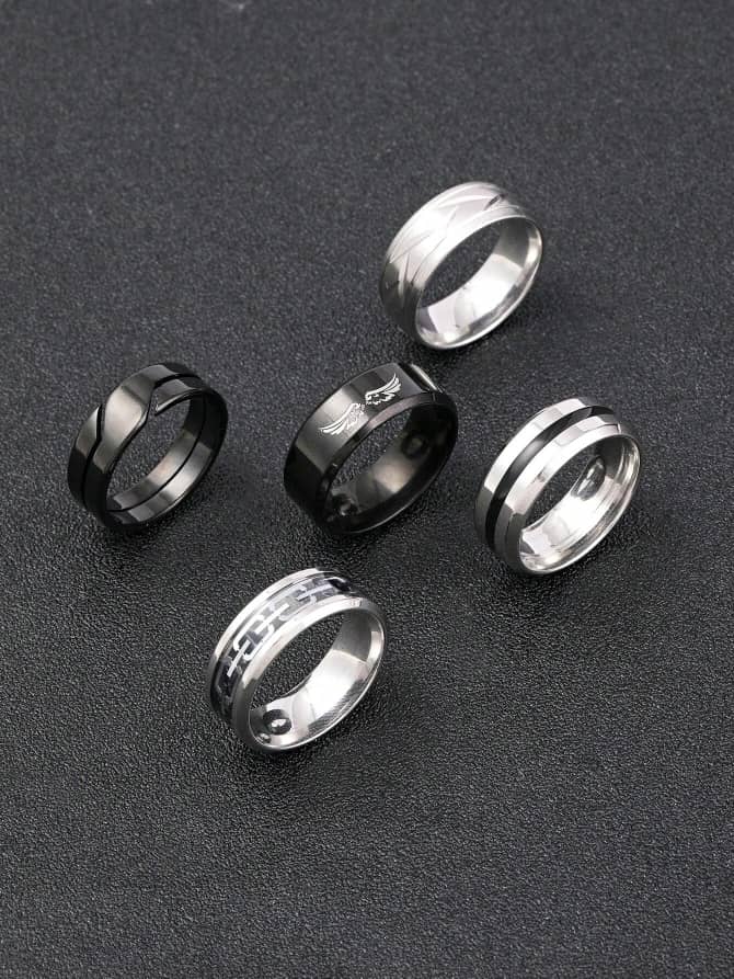 5pcs Stainless Steel Ring Set Street Punk Chain Pattern Wings, Fashionable Combinaison Men's Ring Set.