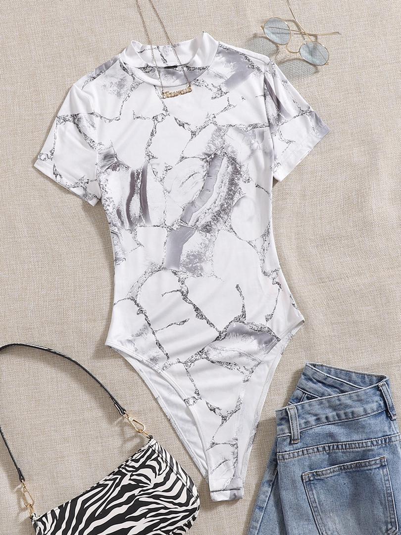 Marble Print High Cut Bodysuit