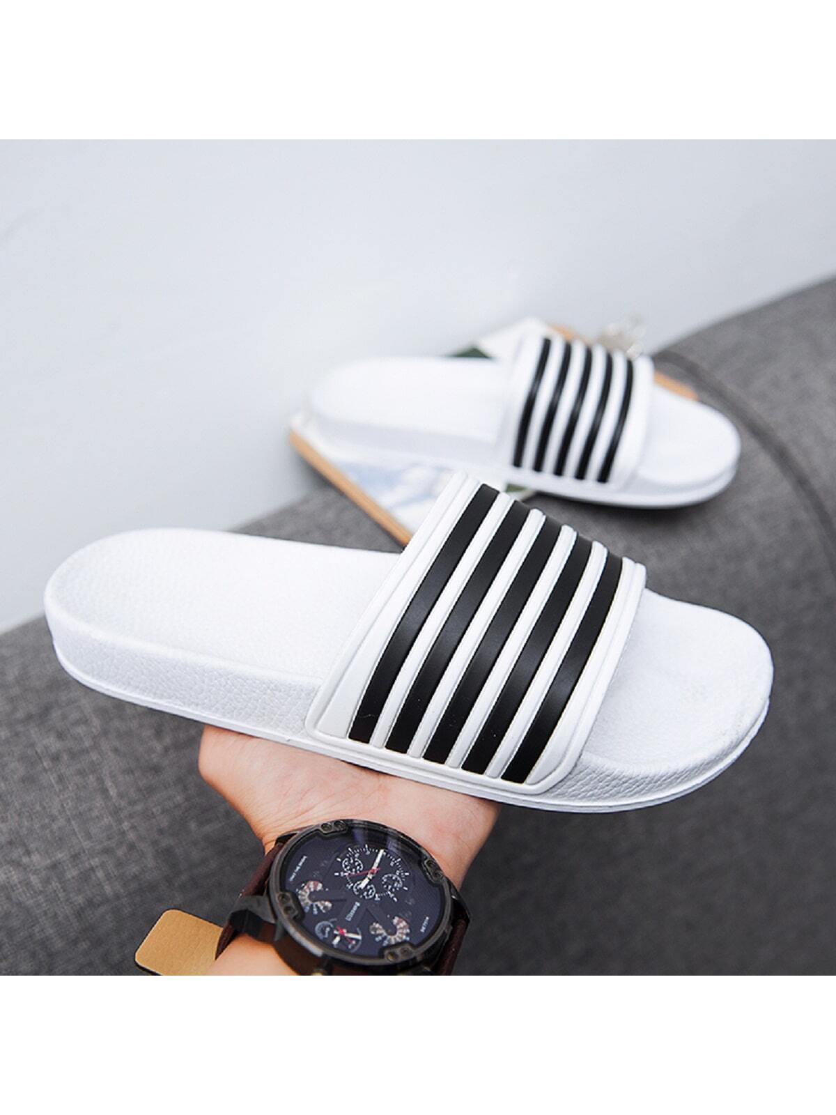 Striped Men's Flip Flops Anti-slip Durable Beach Sandals, Summer Classic Couple Slippers For Water Activities