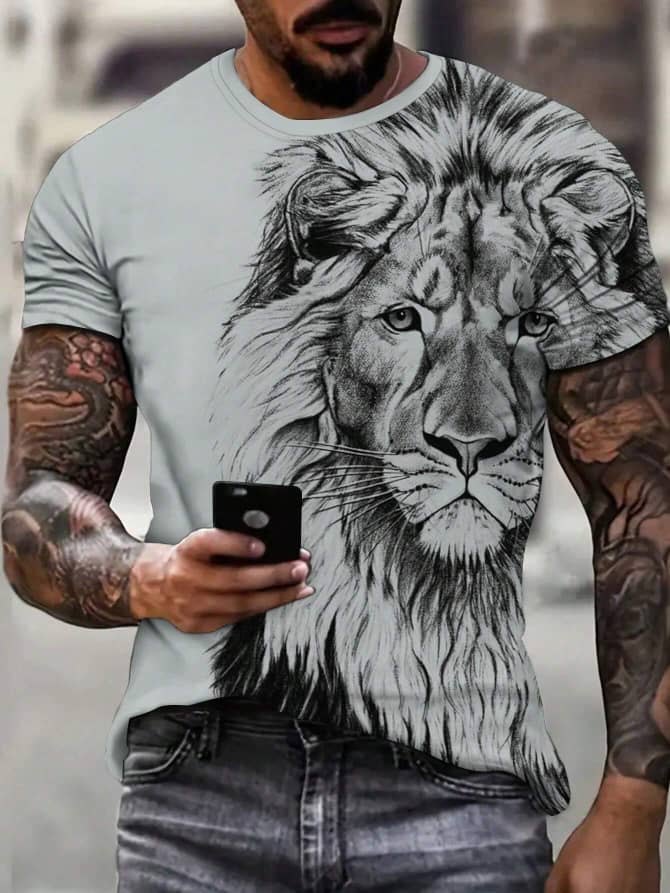 Legend Men Lion Print Tee. Color Grey, Green, Red, Khaki. Size S, M, L, XL, XXL