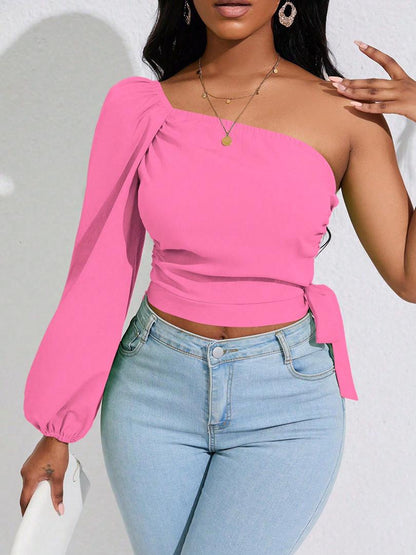 One Shoulder Lantern Sleeve Knot Side Crop Blouse