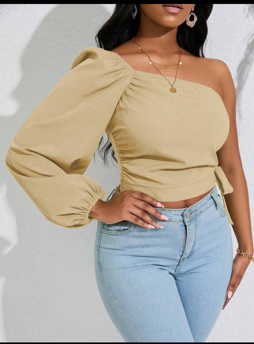 One Shoulder Lantern Sleeve Knot Side Crop Blouse