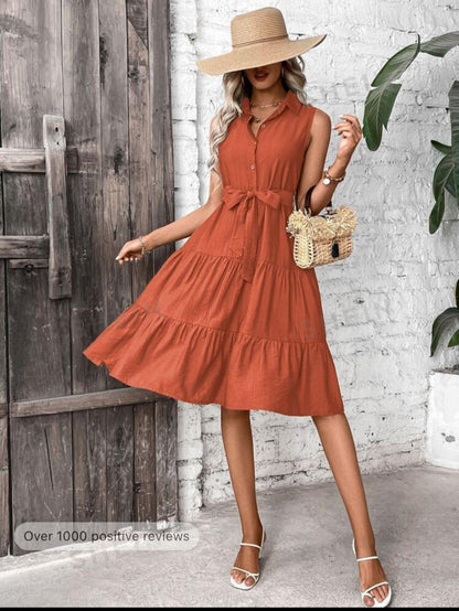 VCAY Ruffle Hem Belted Shirt Dress