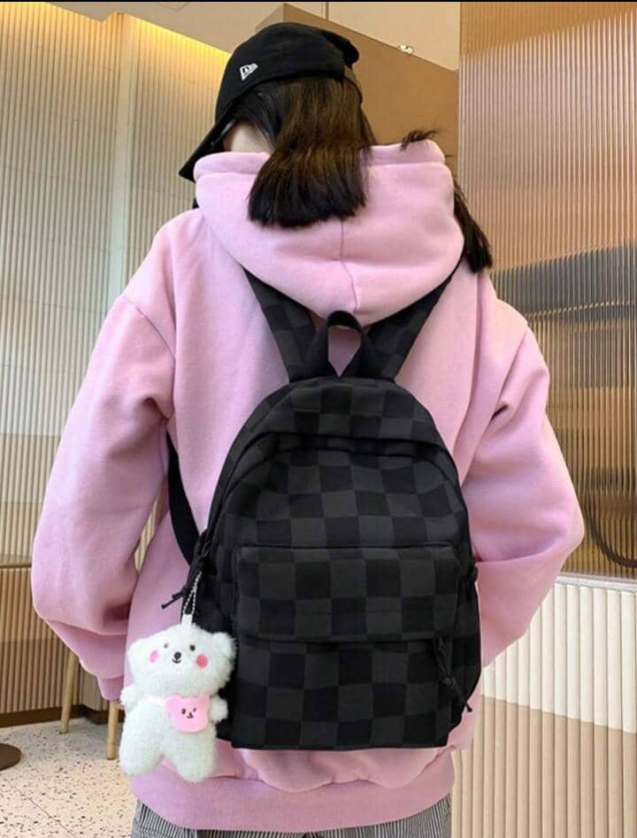 Waterproof,Lightweight Checkered Pattern Functional Backpack With Bag Charm School Bag For Graduate, Teen Girls,