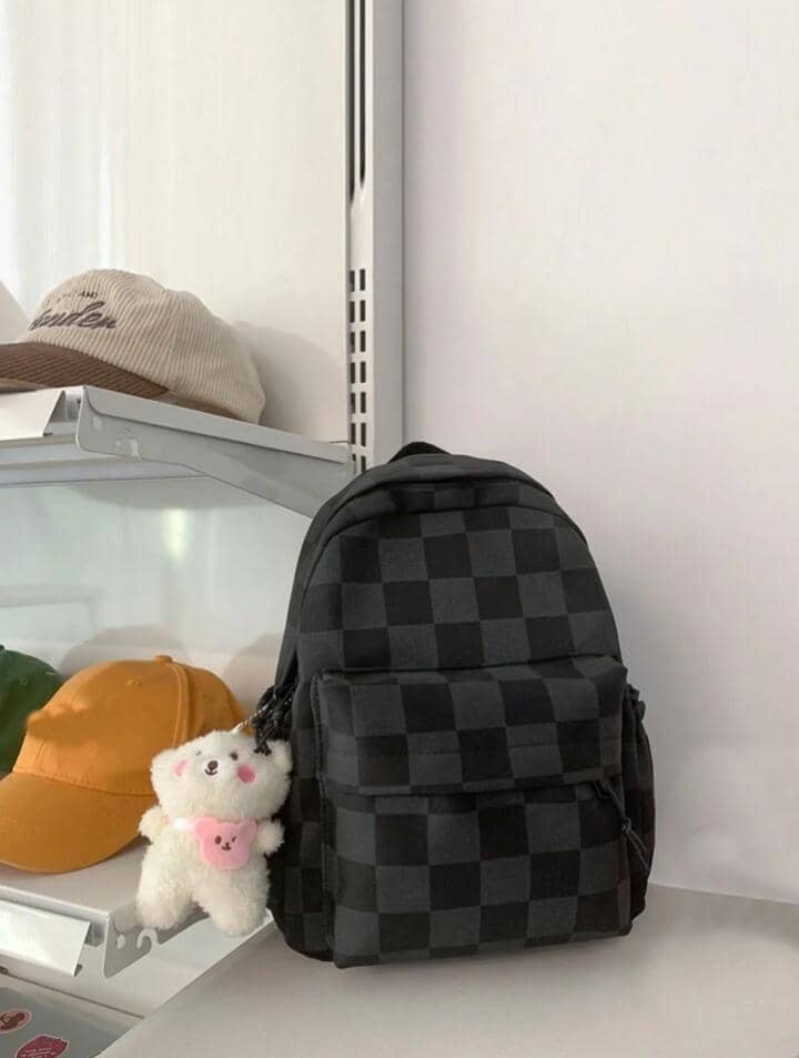 Waterproof,Lightweight Checkered Pattern Functional Backpack With Bag Charm School Bag For Graduate, Teen Girls,