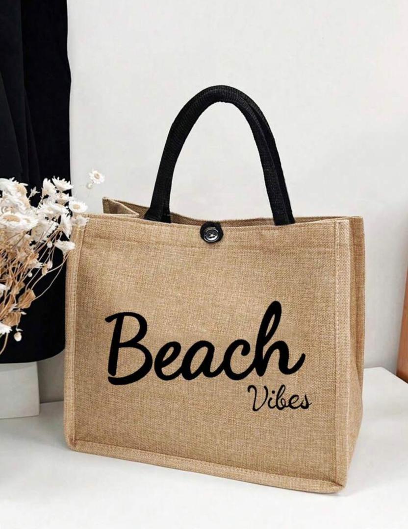 Beach Monogram Printed Tote Bag, Jute Tote Bag, Linen Large Capacity Beach Bag, Beach Bag For Travel, Beach, Casual Outings, Large Capacity Stylish Tote Bag, Reusable Shopping Bag, Park Bag, Travel Essentials