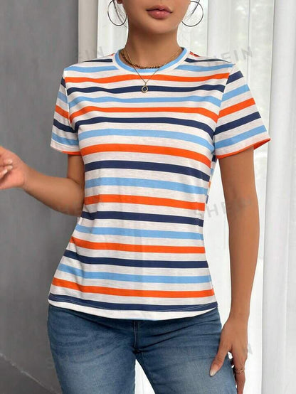 Frenchy Striped Print Round Neck Tee