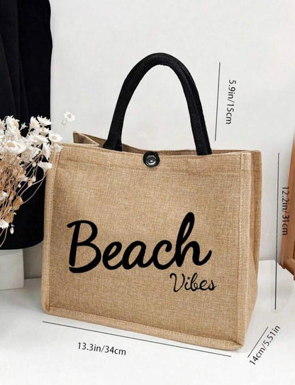 Beach Monogram Printed Tote Bag, Jute Tote Bag, Linen Large Capacity Beach Bag, Beach Bag For Travel, Beach, Casual Outings, Large Capacity Stylish Tote Bag, Reusable Shopping Bag, Park Bag, Travel Essentials