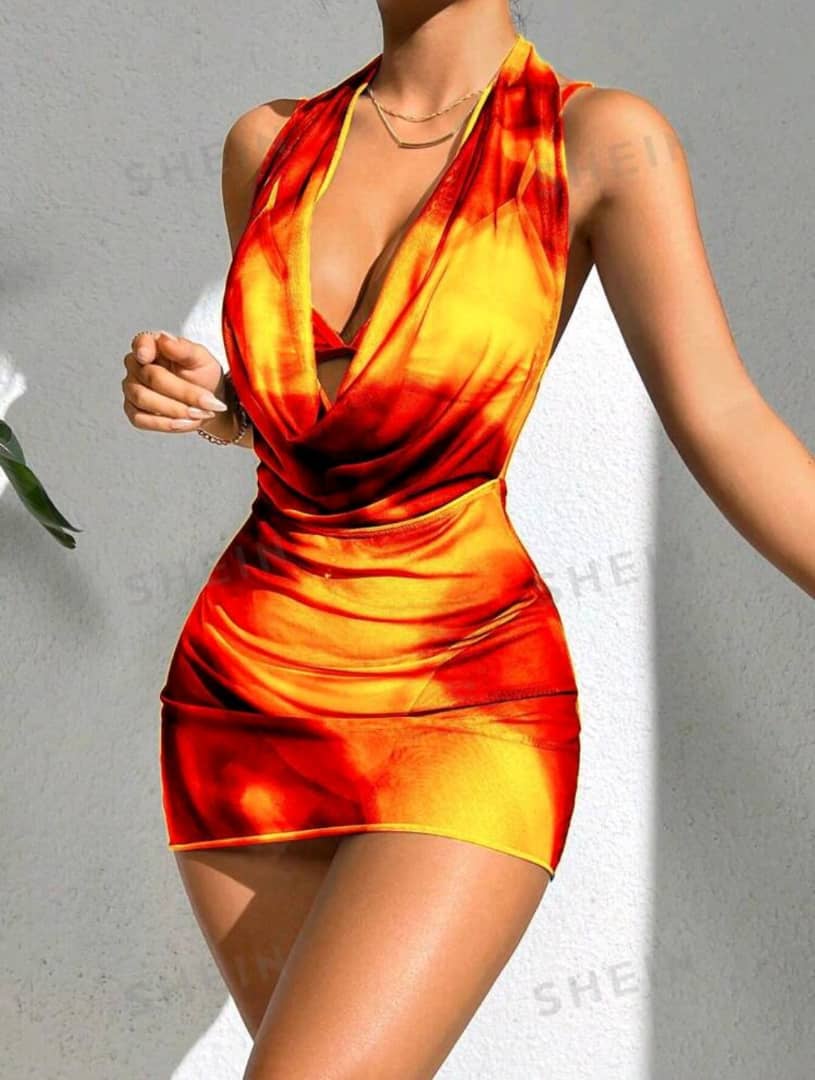 Swim Summer Beach Tie Dye Draped Collar Backless Cover Up Dress