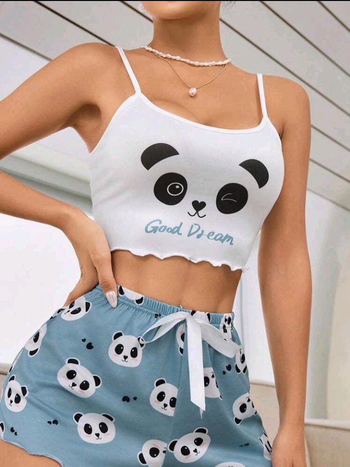 5Women's Panda Text Pattern Camisole Sleepwear Top