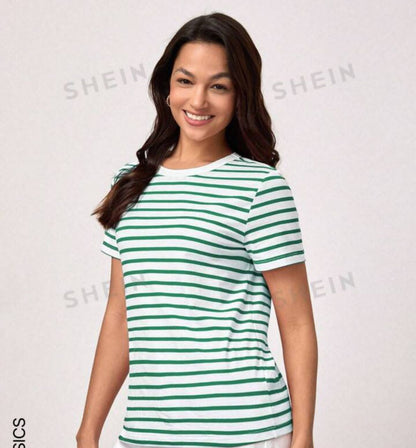 BASICS Casual Striped Print 94% Cotton Tee For Summer And Fall