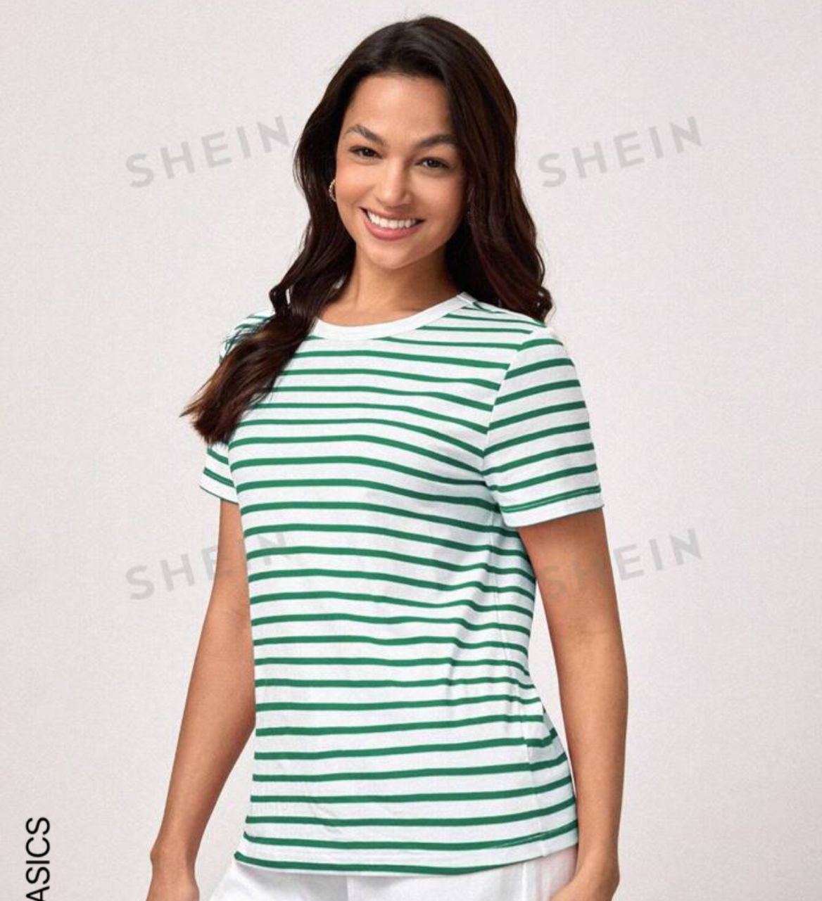 BASICS Casual Striped Print 94% Cotton Tee For Summer And Fall