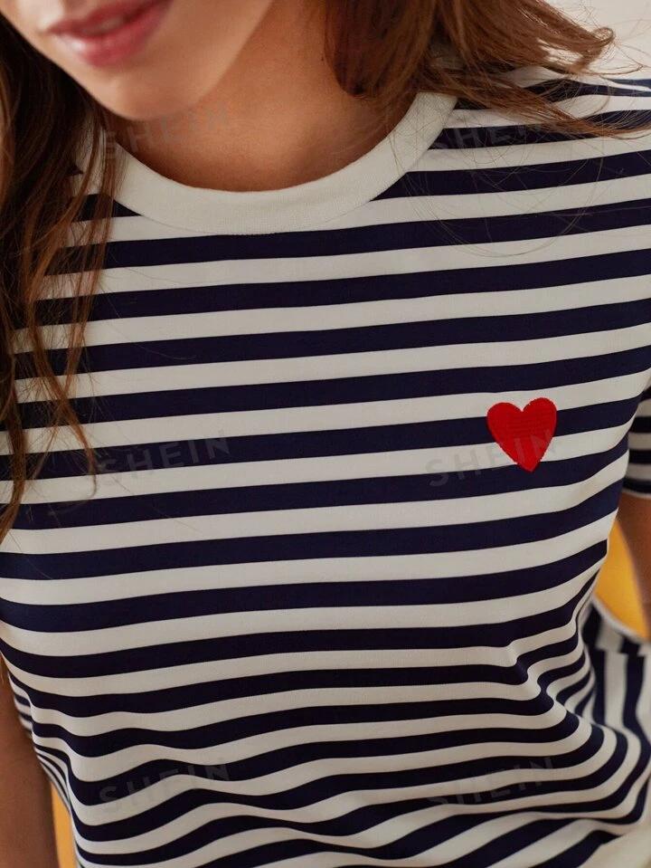 Frenchy Striped Print Heart Embroidery Tee