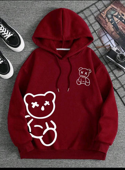 Men Bear Print Drawstring Thermal Lined Hoodie