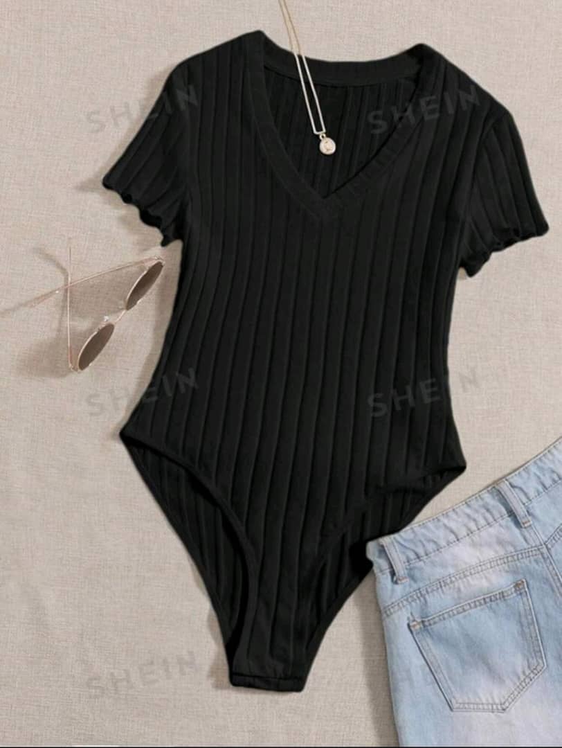 EZwear Solid Ribbed Knit V Neck Bodysuit For Summer