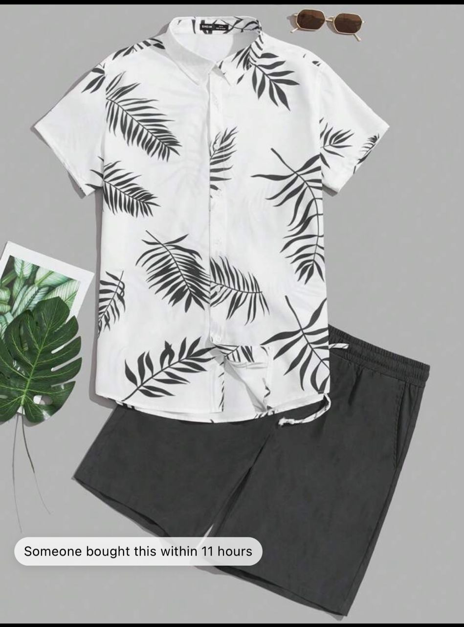 Manfinity RSRT Men's Woven Botanical Print Casual Shirt And Shorts Summer 2pcs/Set