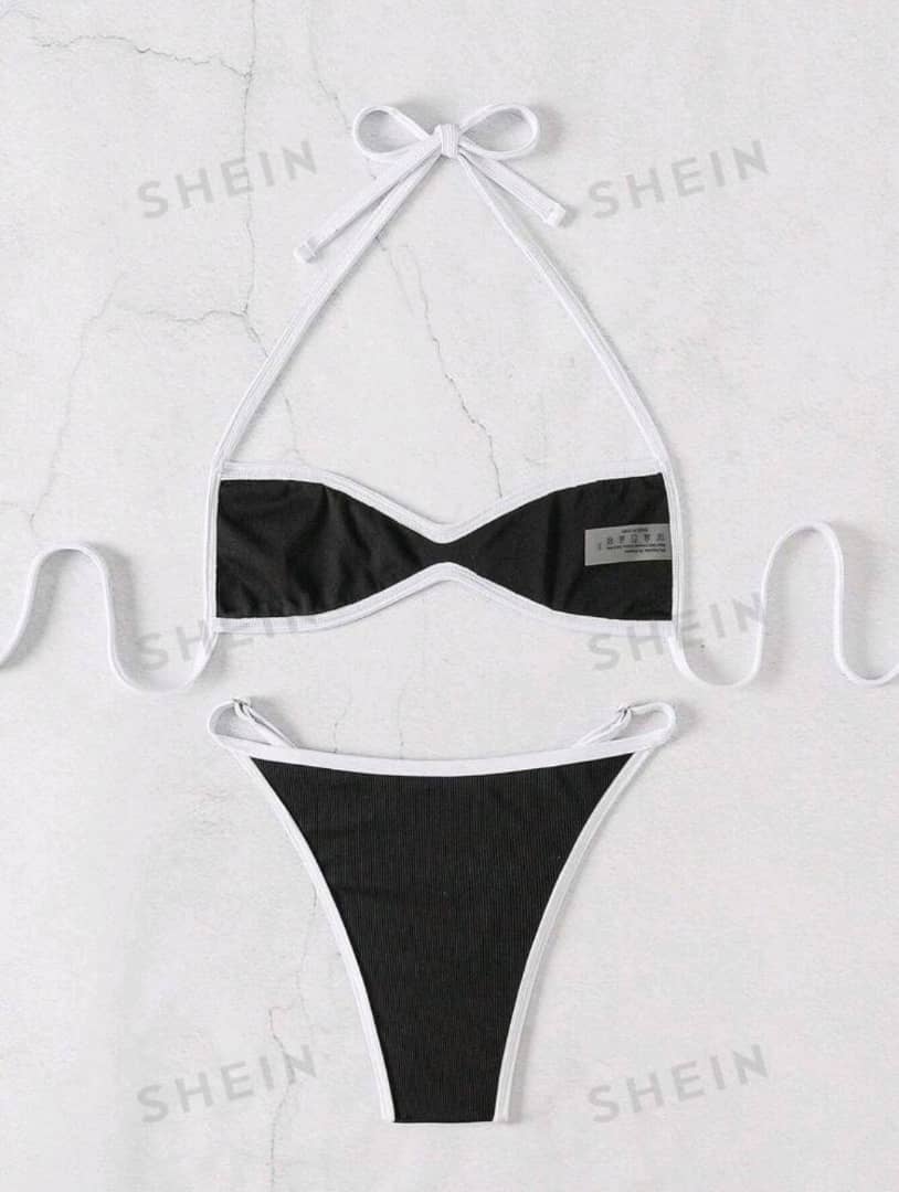 Swim SXY Women's Color Block Halter Tie Sexy Bikini Set For Vacation