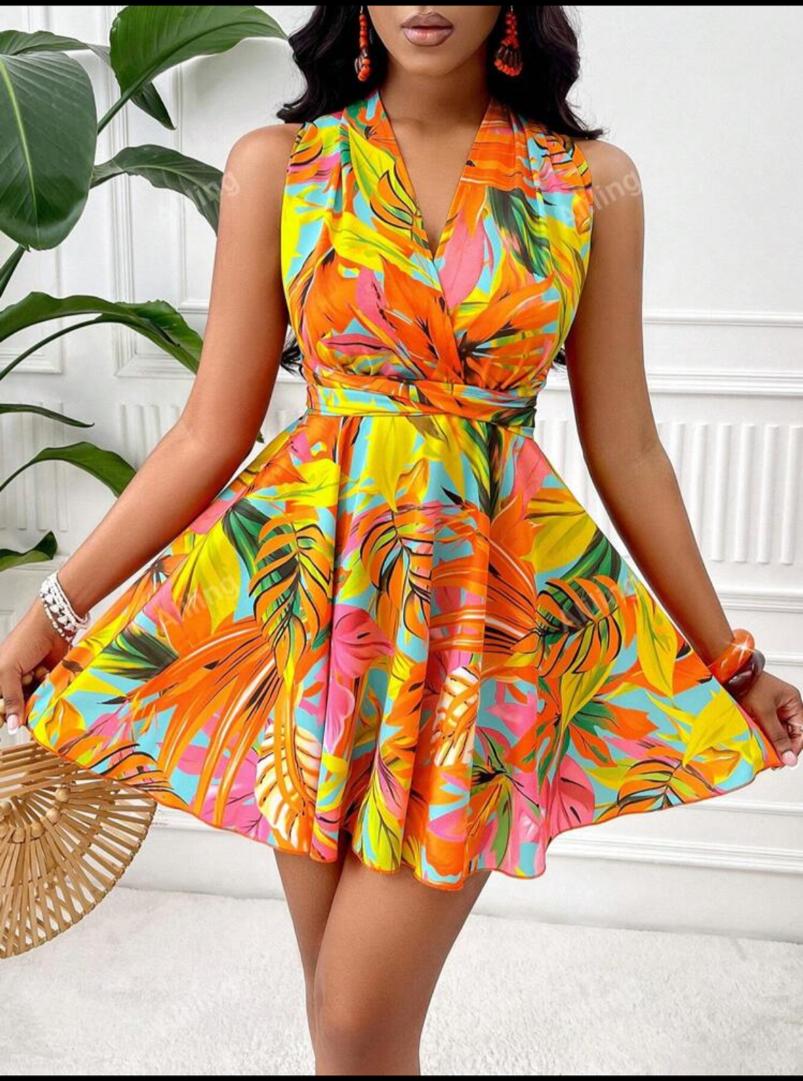 Backless V Neck Tropical Printed Summer Holiday Sleeveless Dress (Print Pattern Random)