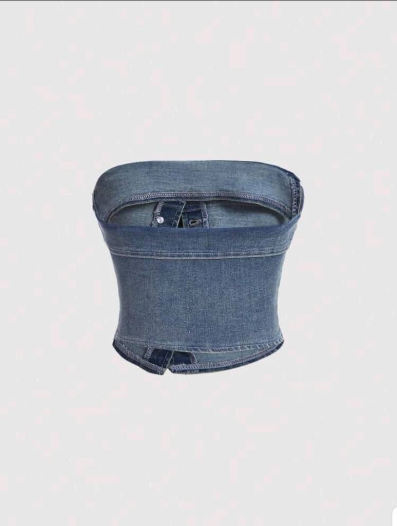 Button Fly Foldover Tube Denim Top