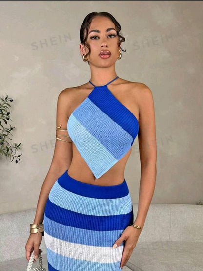 SHEIN BAE Striped Lace Up Backless Asymmetrical Hem Knit Top&Two Piece Outfits&Summer Outfits&Rave Festival Outfits&Women Tops&Swimsuit&Summer&Bikini&Summer Sets