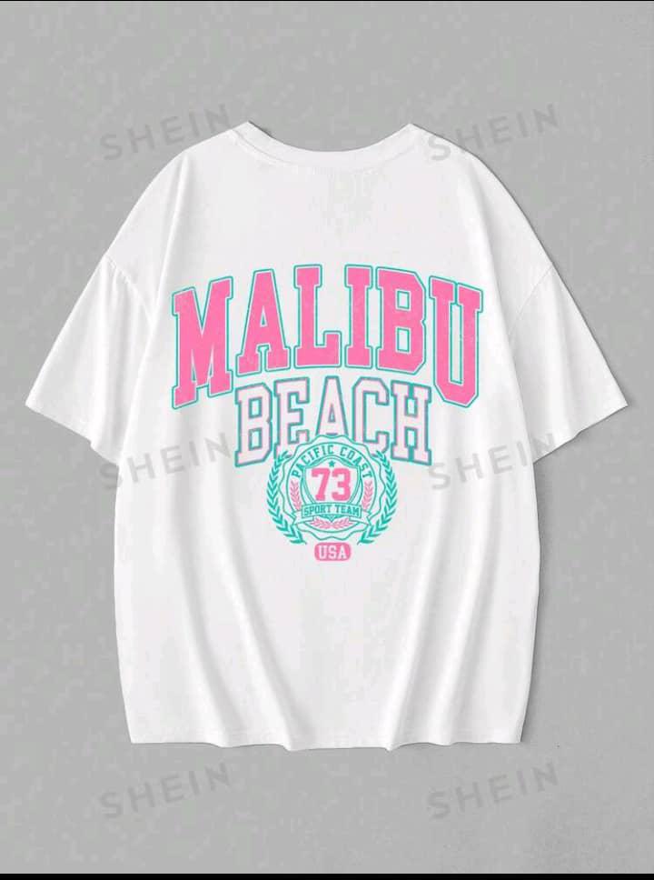 EZwear Casual Beach Alphabet Print Oversized Women T-Shirt, Short Sleeve, Round Neck, Suitable For Summer MALIBU BEACH PACIFIC COAST 73 SPORT TEAM USA