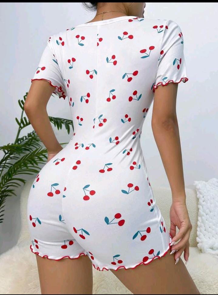 Cherry Print Lettuce Trim Button Front Sleep Romper