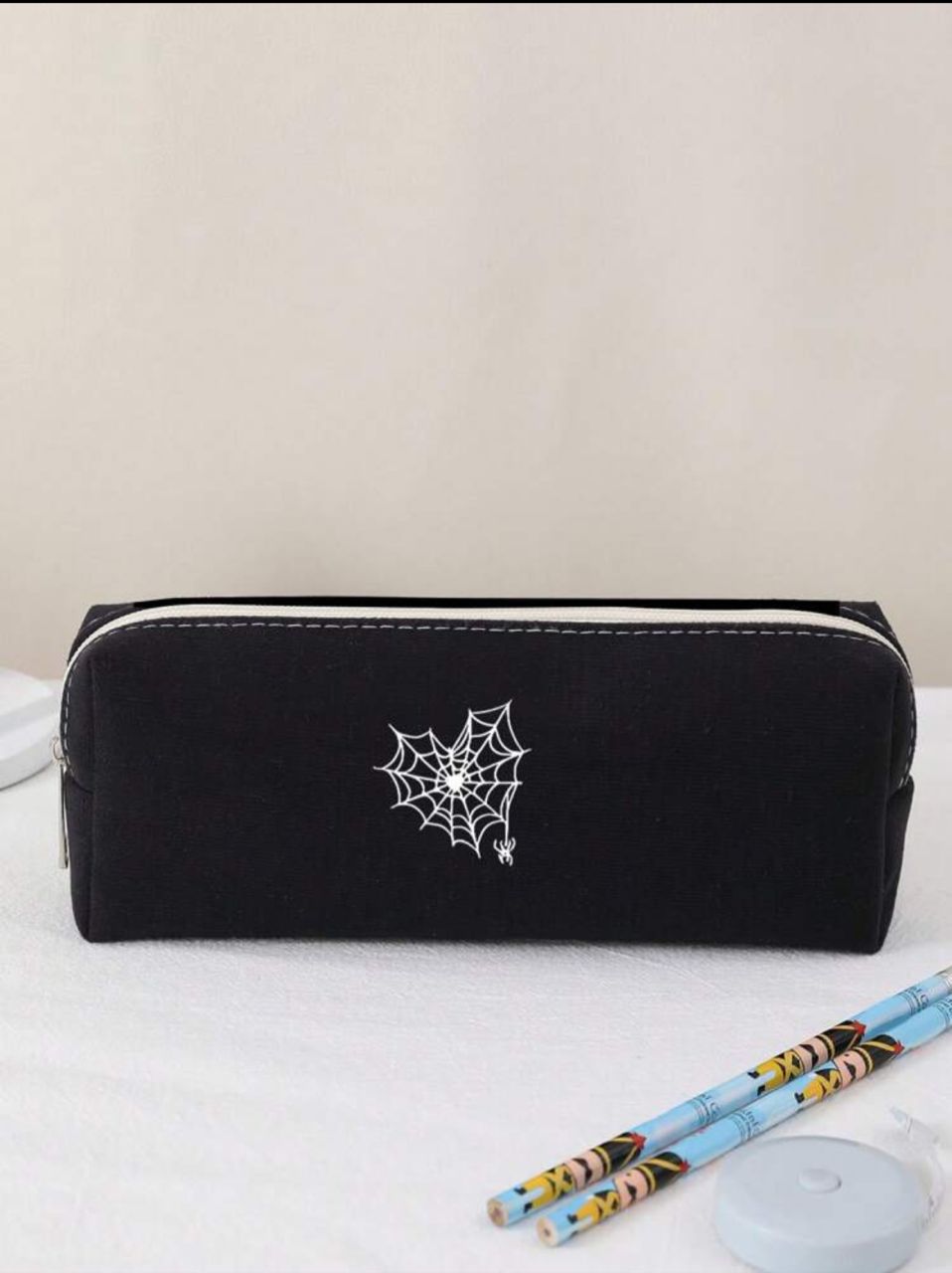 1pc Double Sided Heart & Spider Web Pattern Printed Plush Pencil Case