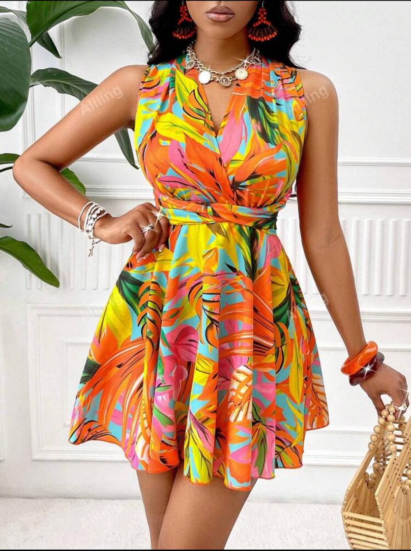 Backless V Neck Tropical Printed Summer Holiday Sleeveless Dress (Print Pattern Random)